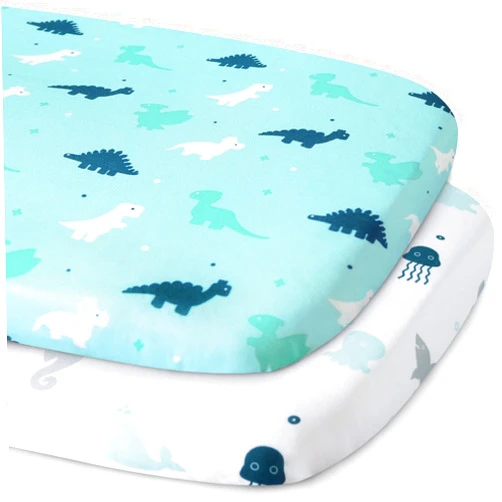 SPRINGSPIRIT Bassinet Sheet, Bassinet Sheets 2 Pack, Ultra Soft Bassinet Sheets for Baby Boys or Girls Universal Fit for Rectangle, Oval, Hourglass Bassinet Pad/Mattress, Dinosaurs & Ocean