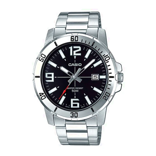 Casio MTP-VD01D-1BV Men's Enticer Stainless Steel Black Dial Casual Analog Sporty Watch, Silver, 48×42×10.7mm, Quartz Movement