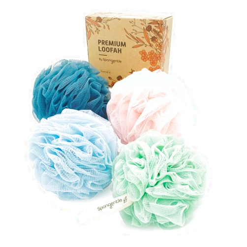 Sunlite Sports Spongentle Premium Deep Cleansing Loofah Sponge for Radiant Skin, Pack of 4, Bath and Shower, Exfoliating Body Scrubber, Beautiful Colors for Women and Men