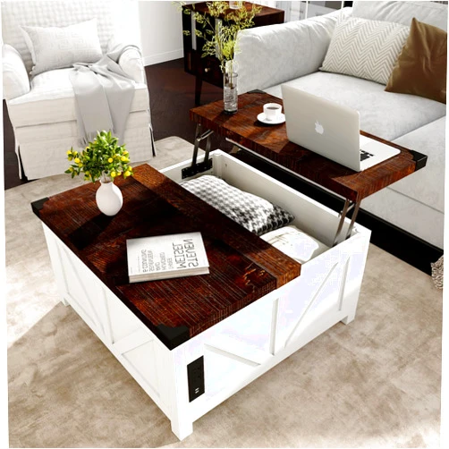 Jimeimen Farmhouse Lift Top Coffee Table with Storage, Wood Square Center Table with Charging Station&USB Ports, Living Room Central Table w/Large Hidden Space, for Living Room, Bedroom, Home Office