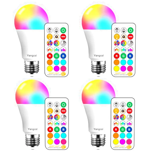 Yangcsl LED Light Bulbs 85W Equivalent 1200lm, RGB Color Changing Light Bulb, 6 Moods - Memory - Sync - Dimmable, A19 E26 Screw Base, Timing Remote Control Included (Pack of 4)