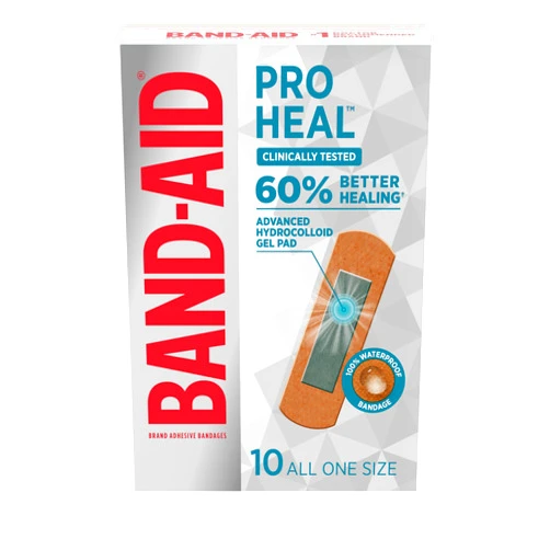 Band-Aid Brand Pro Heal Adhesive Bandages with Hydrocolloid Gel Pad, Clinically Tested, Better Healing of Minor Wounds, Waterproof Bandages, Sterile First Aid Bandages, All One Size, 10 ct