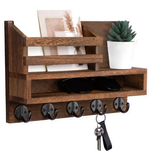 Lucundm Key and Mail Holder Wall Mount, Key Hanger with Long Storage Box and 5 Hooks for Coat, Dog Leash, Home Decor Rack, House Accessories, Entry Way Organizer 11.8”W x 7.8”H x 3.2”D