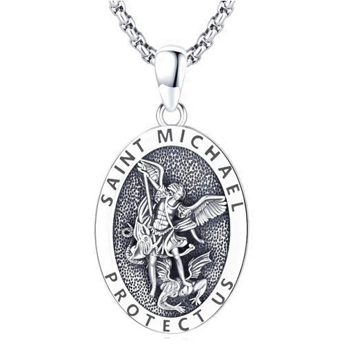 LOOVE 925 Sterling Silver St Michael/St Christopher/Jesus Crucifix/St Benedict/Virgin Mary Miraculous Medal Necklace for Men Women Archangel Protect Us Medal Patron Saint Amulet Religious Jewelry
