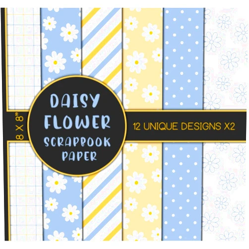 Ladislao Yun Floral Scrapbook Paper: Periwinkle Daisy Flower Patterns Pack, Blue & Yellow Colors, Double Sided 8 x 8