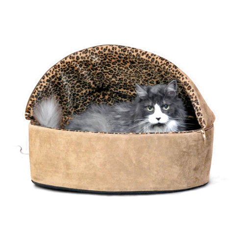 K&H Pet Products Thermo-Kitty Bed Deluxe Heated Cat Bed for Large Kitties - Indoor Heated Pet Bed for Dogs & Cats, Covered Cave Pet Tent, Machine Washable, Safety Listed - Large 20in Tan/Leopard