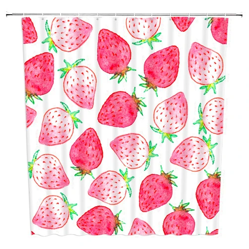 Derhong-US Pink Strawberry Shower Curtain Cute Fruit Tasty Juicy Ripe Spring Fruits Watercolor Print,Strawberry Fabric Bathroom Set Hooks Included 70x70 Inch