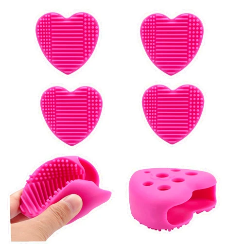 YIWULA 4PCS 2 in 1 Makeup Brush Cleaning Mat with Brush Drying Holder, Silicon heart Shaped Brush Cleaner Pad Cosmetic Brush Organizer Rack, Portable Washing Tool for Makeup (Hot Pink)