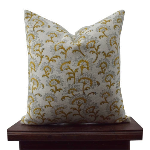 ADEESHA DECOR Block Print Pillow Cover 16x16 Inch Floral Decorative Square Pillow Farmhouse Outdoor Cushion for Home Decor Casement Thick Cotton Throw Pillows for Sofa and Couch (Kusum Lata, Mustard)