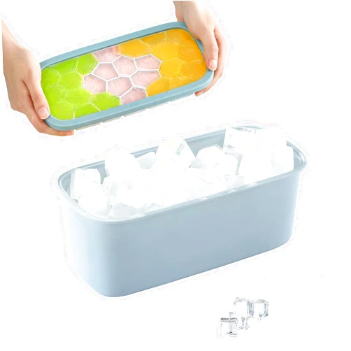 Abealv Ice Cube Tray Silicone Ice Tray Cubes Mold Flexible Safe Ice Cube Molds Easy Release Ice Mold Maker Portable Box in the Freezer Ice Storage Container Bin with Lid Scoop (Blue)