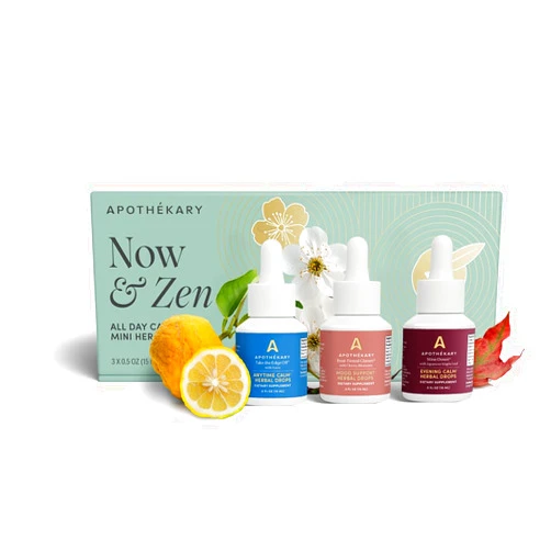 Apothékary Now & Zen Starter Set, Mini Herbal Liquid Drops, Take The Edge Off With Yuzu, Rosé-Tinted Glasses with Cherry Blossom, and Wine Down with Japanese Maple Leaf, Non-Alcoholic, 15ml, Pack of 3