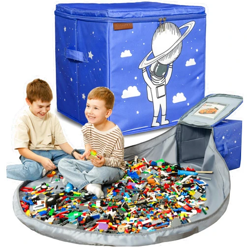 BAMBULA 3 in 1 Toy Storage Box with Play Mat for Lego and Duplo Bricks - Quick Cleanup Storage Bag/Bin for Kids Playroom - Cube Organizer & Container for Building Blocks - Blue Astronaut Design