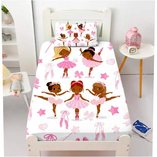 HLGBED African American Black Girl Magic Twin Size Fitted Sheet Sets Ballet Dancer Little Girls with Heart Star Bedding Set for Kids Pink Bed Set Bedroom Decor 2pcs (1 Deep Pocket with 1 Pillowcases)