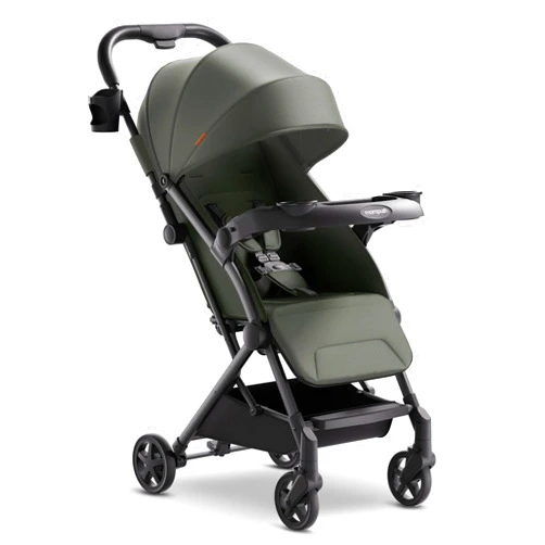 Mompush Lithe V2 Lightweight Stroller + Snack Tray, Ultra-Compact Fold & Airplane Ready Travel Stroller, Near Flat Recline Seat, Cup Holder, Raincover & Travelbag Included
