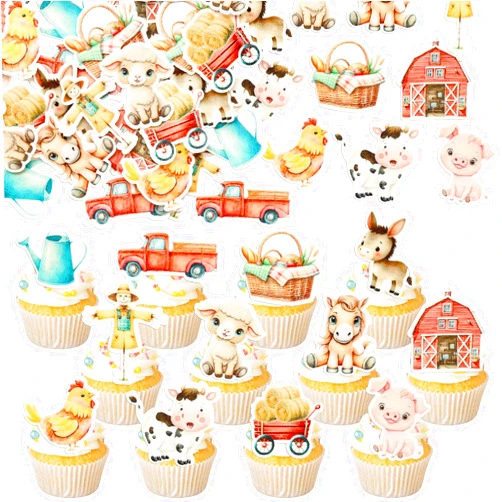 Ephlyn 48Pcs Edible Farm Cupcake Toppers Wafer Paper Farm Birthday Cupcake Decorations Edible Farm Animals Cake Decorations for Farm Theme Birthday Anniversary Party Supplies Multi