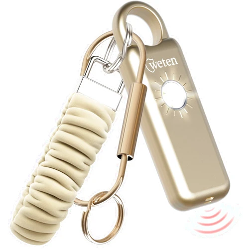 Weten Personal Safety Alarm Keychain – 130dB Siren with Bottom Speaker, LED Light, Wristlet & Carabiner Clip – Weatherproof Self Defense Alarm with Low Battery Alert (Gold Satin)