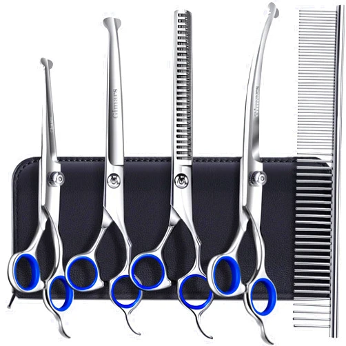 Gimars Titanium Coated Professional 6 in 1 4CR Stainless Steel Dog Grooming Scissors with Safety Round Tip, Heavy Duty Pet Grooming Scissor for Dogs, Cats and Other Animals