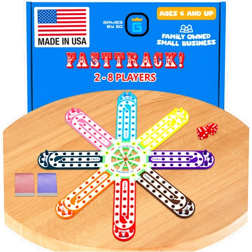 GAMES BY 3D Fast Track Board Game - 2-8 Players, Fast-Paced, Fun, Compact, Portable & Durable, 3 Play Options, w/Horse-Head Pegs & 2 Decks of Cards, Vibrant Color, Perfect for Travel & Game Nights