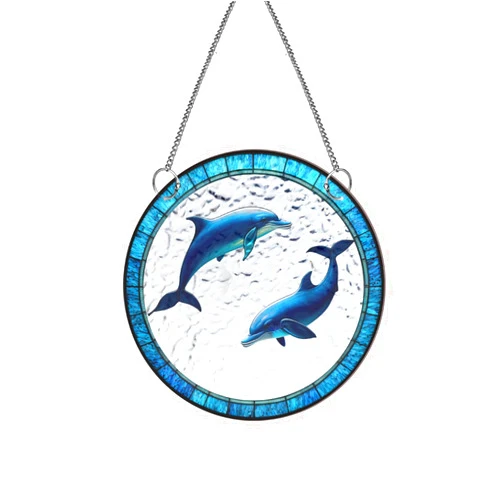 HOTIYOK Cute Dolphins Acrylic Window Hangings Suncatcher Stained Glass Panels Window & Wall Decor, Housewarming Home Decor for Grandma Wife Teacher Sea Animal Lover