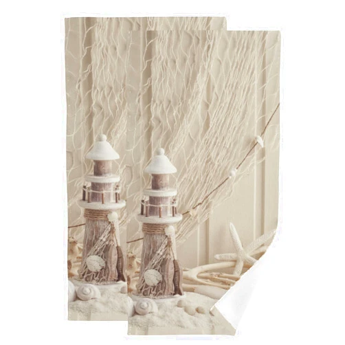 AIYOOLER Hand Towels for Bathroom Set of 2 Nautical Seashell Fishing Net Marine Ocean Beach Theme Lighthouse Starfish Soft Absorbent Small Bath Towels Decorative Towel for Hotel,Gym,Spa 28x14in Beige