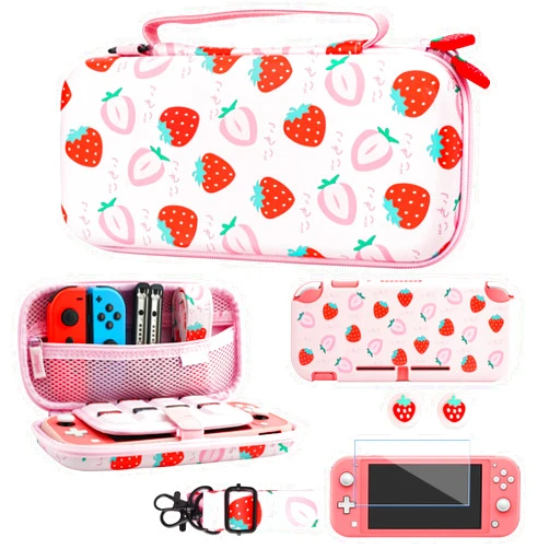 GLDRAM Strawberry Case for Nintendo Switch Lite, Pink Cute Travel Carrying Case for Switch Lite Accessories Bundle with Soft Protective Cover, Screen Protector, Thumb Caps & Shoulder Strap for Girls