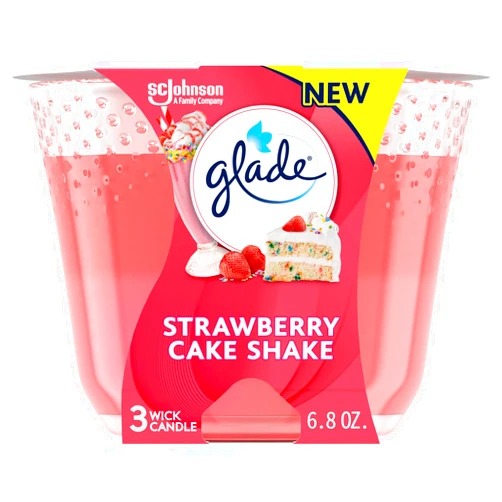 Glade Candle Strawberry Cake Shake, Fragrance Candle Infused with Essential Oils, Air Freshener Candle, 3-Wick Candle, 6.8 Oz