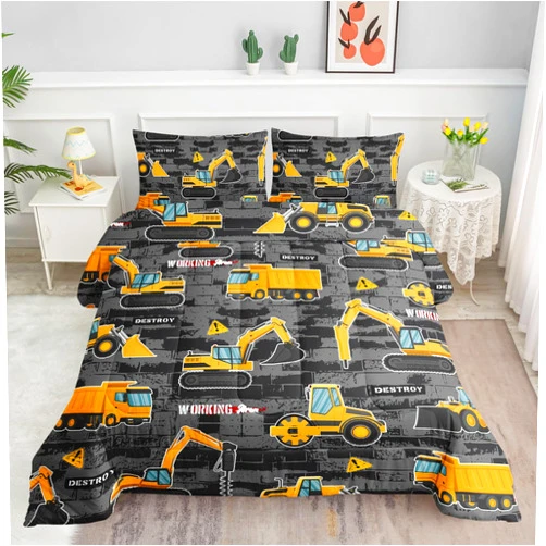 Datura home Kids Engineering Car Bedding Comforter Set Tractor Truck Printed Pattern with 1 and 2 Pillowcases for Boys Bedroom All Season(Truck2 Queen) Queen 90x90inches