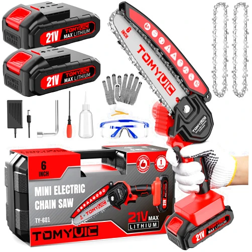 Tomyvic Mini Chainsaw 6-Inch Battery Powered - Cordless Electric Handheld Chainsaw with 2 Rechargeable Batteries - 21V Small Power Chain Saws Battery Operated for Tree Trimming Wood Cutting