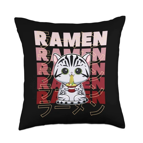 American Shorthair Cat Feline Ramen Noodle Anime American Shorthair Cat Anime Kitten Ramen Noodle Throw Pillow, 18x18, Multicolor