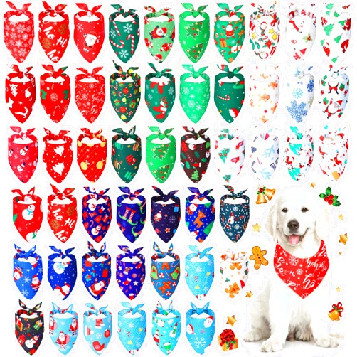 Kigeli 50 Pieces Christmas Dog Bandanas Bulk Dog Kerchief Set Bibs Triangle Dog Scarf Dog Bandanas with Christmas Patterns for Pet Christmas Party Costume Accessories Decoration (25.6 x 17.7 x 17.7 Inch)