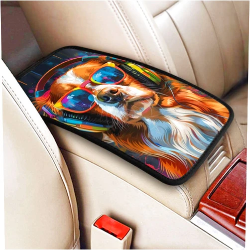 Indokyeyqaz Universal Car Center Console Cushion Pad, Colorful Headphones Dog Soft Waterproof Car Center Console Cover Auto Armrest Seat Box Cover Protector for Most Vehicle SUV Truck Car
