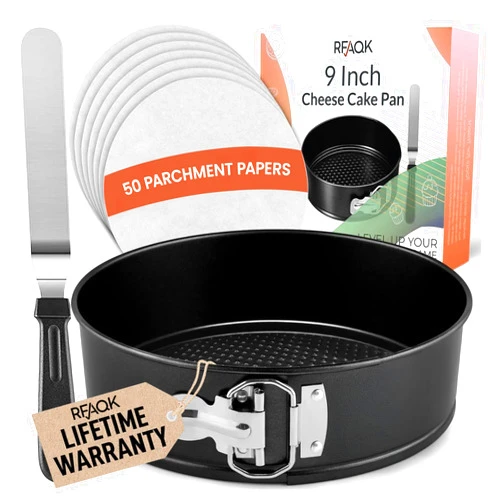 RFAQK 9 Inch Springform Pan Nonstick Leakproof - Spring Form Pan for Cheesecake with Removable Bottom, Include Spatula & 50pcs Parchment Paper, Recipe E-Book - Ideal for Baking Cakes, Pizzas, & More!