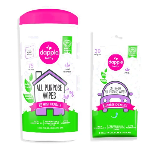 Dapple Baby All Purpose Wipes by Dapple Baby, Hint of Lavender, 75 Count Canister + 30 Count Pouch - Plant Based & Hypoallergenic Cleaning Wipes 2 Piece Set