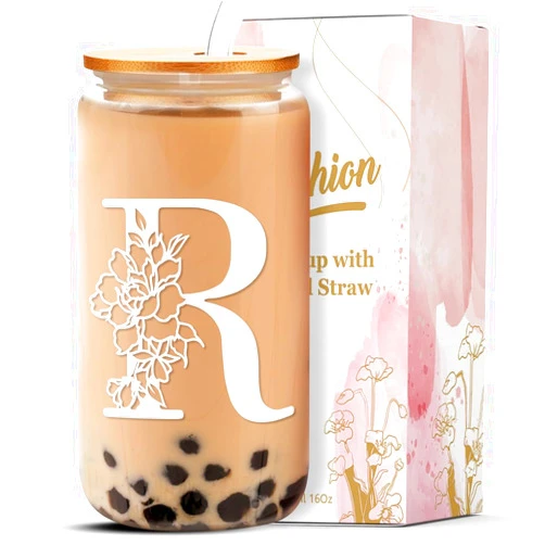 Rimasol Personalized Glass Cup Women, Stylish 16 oz Glass Cups with Lids Straws, Perfect for Iced Coffee, Smoothies, Christmas gift/Birthday Gifts for Teacher/Nurse/Mom/Sister/Aunt Letter R