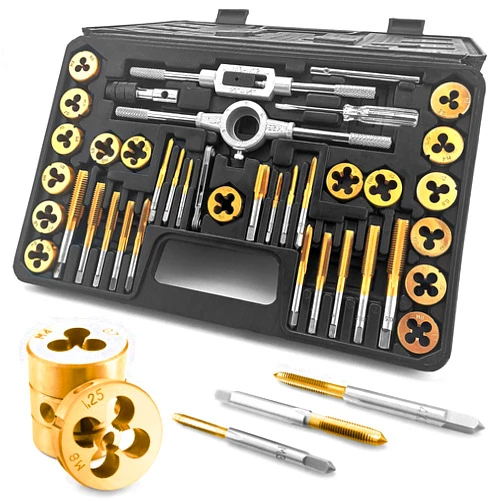 Azuno 40PCS Metric Tap and Die Set, Titanium Coated GCr15 Bearing Steel with T-Handle/Wrench/Gauge/Screwdriver in Storage Case, Essential Threading