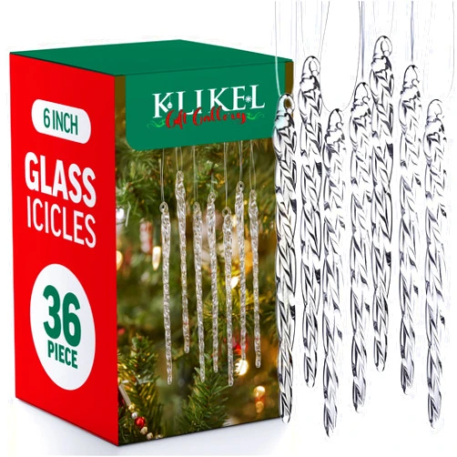 Klikel Glass Icicle Ornaments - Winter Decorations for Christmas Tree - Total 36 Hanging Ornaments - 6