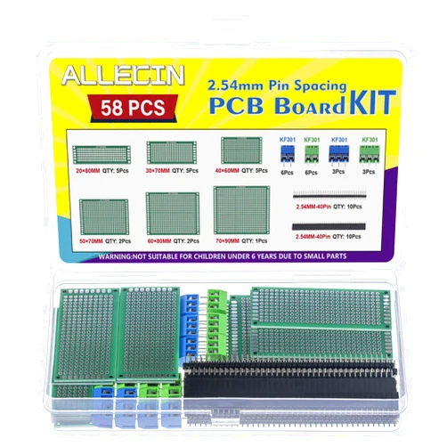 ALLECIN 58Pcs 6 Sizes Double Sided PCB Circuit Prototype Solder Board Kit with 2.54mm 40pin Male Female Header Connector and 5mm KF301 Screw Terminal Block for DIY Soldering