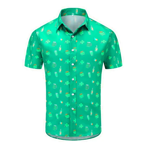 Eymitory Mens St. Patrick's Day Hawaiian Shirt Shamrock Irish Printed Green Clover Short Sleeve Button Down Beach Shirts Tops