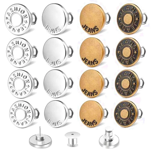 KUNTAERY 16 Sets Button Pins for Loose Jeans, No Sew Jeans Button Replacement, Pants Button Tightener for Waist, Reusable and Adjustable Jeans Button to Make Smaller