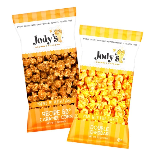 Jody's Jody’s Gourmet Popcorn Bundle – 1 Bag R53 Caramel Corn (7 oz) & 1 Bag Double Cheddar Popcorn (2.2 oz) – Sweet and Savory Snack – Perfect for Movie Nights, Parties, Gifting, and Celebrations