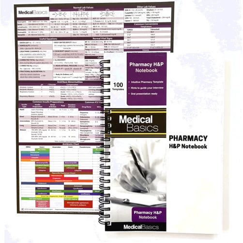 Medical Basics Pharmacy H&P Notebook Medical History and Physical notebook, 100 medical templates with perforations