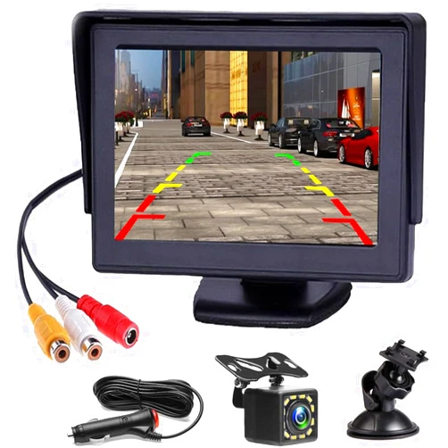 Hodozzy Wired Back up Camera 4.3 Inch HD Car Backup Camera for Cars, Trucks, Pickups, Suvs, RVs, Easy Install Waterproof Night Vision 12 LED Rear View Monitor Reversing Camera for Car with Grid Lines
