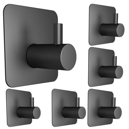 Honmein 6 Pcs Adhesive Wall Hooks for Hanging - Waterproof Shower Hooks, Heavy Duty Towel Hooks for Bathrooms, Kitchens, and Offices (Black)