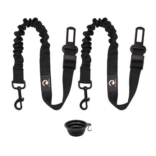 Pet & Posh PawSafe Dog Car Seatbelt - Retractable, Adjustable, Elastic, Heavy Duty & Durable Car Seatbelt for Pets - 2 Belts & 1 Compact Travel Bowl Combo (Black Belts with Black Bowl)