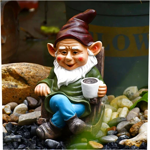 OwMell Drinking Coffee Garden Gnome Statue Decoration 7.3