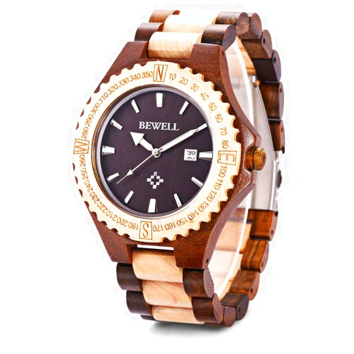 BEWELL ZS-W023A Mens Wooden Watch Quartz Movement Lightweight Handmade Calendar Analog Wrist Watch