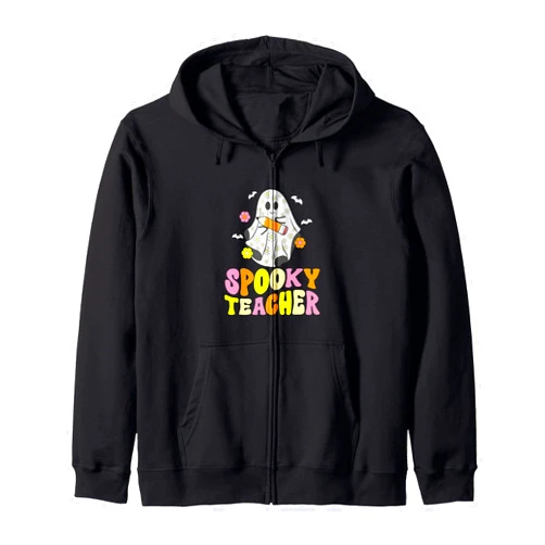 Cute Halloween Costume by SMP Spooky Teacher Groovy Retro Halloween Ghost Costume Zip Hoodie