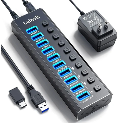 Leinsis Powered USB Hub 3.0, Leinsis 10-Port USB 3.0 Hub [Durable Aluminum] 10 Data Transfer Ports+ 4 Smart Charging Ports with Individual On/Off Switches, USB Hub 3.0 Powered with Power Adapter for Laptop PC