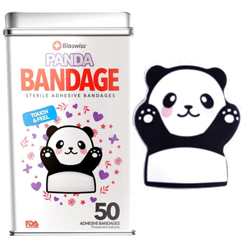 BioSwiss Bandages, Panda Shaped Self Adhesive Bandage Set, Latex Free, Sterile Wound Care, 50 Count
