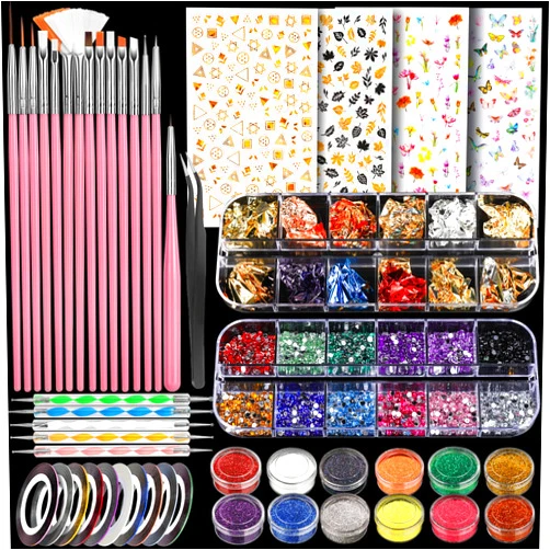 Teenitor Nail Art Kit with Butterfly Nail Stickers, Nail Art Brushes Set for Beginners with Fine Glitter, Nail Design Kit Nail Dotting Tools, Rhinestones for Nails
